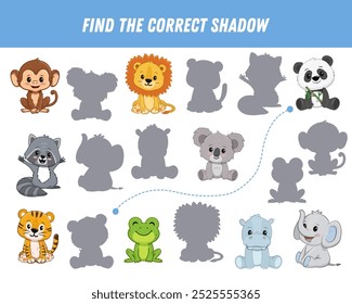 Encuentra la sombra correcta de los animales. Juego de lógica educativa para niños. Mapache de dibujos animados, león, hipopótamo, panda, koala, rana, tigre, elefante. Ilustración vectorial