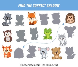 Encuentra la sombra correcta de los animales. Juego de lógica educativa para niños. Dibujos animados mapache, zorro, búho, lobo, erizo, ardilla, ratón, oso. Ilustración vectorial
