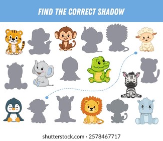 Find correct shadow of animals. Educational logical game for kids. Cartoon zebra, lion, hippo, monkey, crocodile, penguin, tiger, elephant. Vector illustration