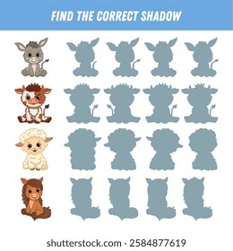 Find the correct shadow of the animals. Sheep, horse, donkey, cow. Educational logic game for children. Cute animal cartoon characters. Vector illustration
