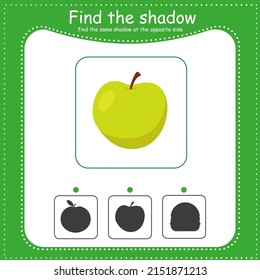 Find the correct shadow. Apple. Kids activity worksheet. Preschool learning animals