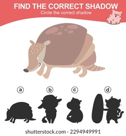 Encuentra la sombra correcta del armadillo. Juego de sombra para animales para niños. Hoja de trabajo para niños. Hoja de cálculo imprimible educativa. Archivo de ilustración del vector.