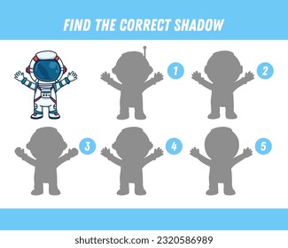 Find correct shadow of astronaut. Educational logical game for kids. Cartoon cosmonaut. Vector