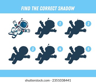 Find correct shadow of astronaut. Educational logical game for kids. Cartoon cosmonaut. Vector
