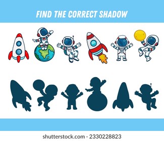  Find correct shadow of astronauts and rocket. Educational logical game for kids. Space elements. Vector 