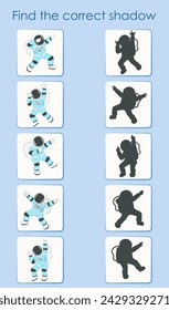 Find the correct shadow of the astronauts. Worksheet for children's activity book. Cartoon vector illustration.