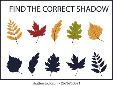 Encuentra la sombra correcta de las hojas de otoño. Hoja de cálculo. Juego de lógica educativa para niños. Hojas de otoño. Ilustraciones vectoriales