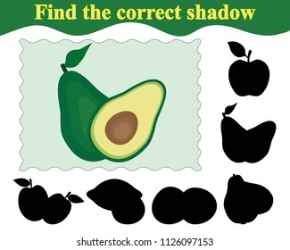 Find the correct shadow of avocado. Education. Game for children. Vector illustration