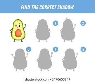 Find correct shadow of avocado. Educational logical game for kids. Vegetable. Cartoon avocado character. Vector 