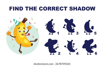 find the correct shadow banana. cute funny character, childish education game with fruits. vector cartoon flat graphics
