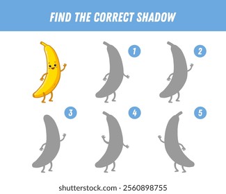 Find correct shadow of banana. Educational logical game for kids. Funny fruit. Cartoon yellow banana character. Vector
