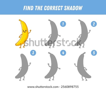 Find correct shadow of banana. Educational logical game for kids. Funny fruit. Cartoon yellow banana character. Vector
