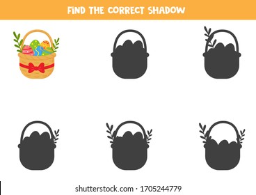 Find the correct shadow of basket full of Easter eggs. Logical game for kids.