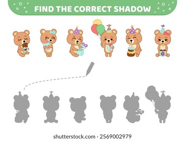 Find the correct shadow. Bear birthday party. Shadow matching game. Cartoon, isolated vector illustration eps 10