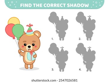 Find the correct shadow. Bear Bithday party. Shadow matching game. Cartoon, isolated vector illustration eps 10