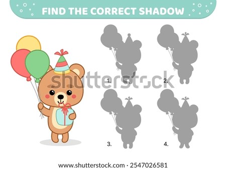 Find the correct shadow. Bear Bithday party. Shadow matching game. Cartoon, isolated vector illustration eps 10