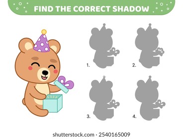 Encuentra la sombra correcta. Oso está abriendo presente. Sombra juego a juego. Dibujos animados, Ilustración vectorial aislada eps 10