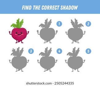 Find correct shadow of beet. Educational logical game for kids. Vegetable. Cartoon beet character. Vector illustration 