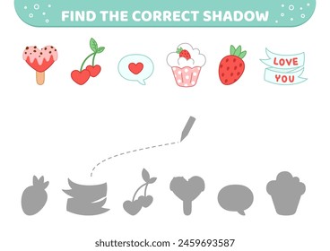 Find the correct shadow. Berries and ice cream. Shadow matching game. Cartoon, vector