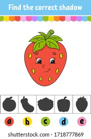  Encuentre la sombra correcta. Cereza de fresa. Hoja de trabajo de desarrollo de la educación. Página Actividad. Juego de colores para niños.Ilustración vectorial aislada. Caricatura.