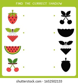 Find the correct shadow for berry. Vector worksheet of simple educational game for kids