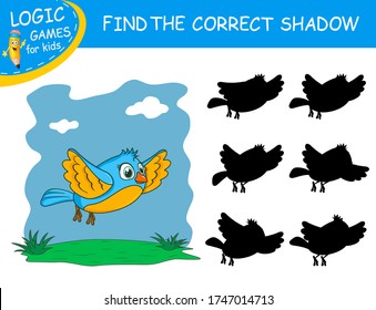 Find the correct shadow the Bird. Cute cartoon parrot on colorful background. Educational matching game with fun character. Logic Games for Kids. Learnig card for child kindergarten or school.