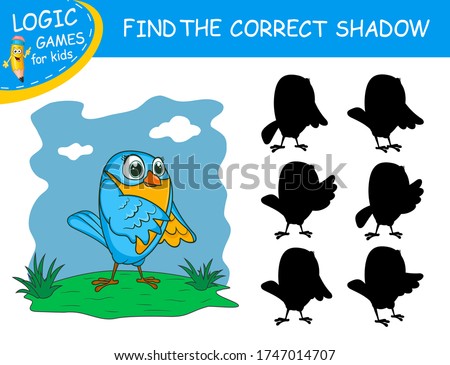 Find the correct shadow the Bird. Cute cartoon parrot on colorful background. Educational matching game with fun character. Logic Games for Kids. Learnig card for child kindergarten or school.
