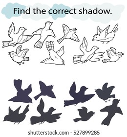 Find the correct shadow. Birds.   Educational game for children. Black and White.