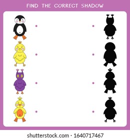 Find the correct shadow for birds. Vector worksheet of simple educational game for kids