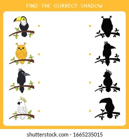 Find the correct shadow for birds. Vector worksheet of simple educational game for kids