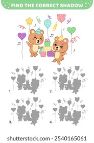 Find the correct shadow. Birthday party of bears. Shadow matching game. Cartoon, isolated vector illustration eps 10