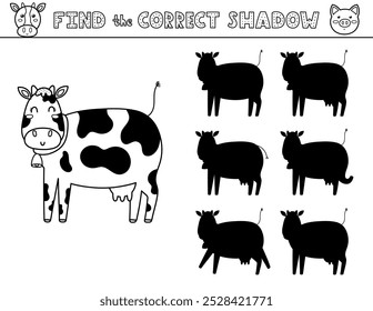 
Find the correct shadow black and white activity page for kids with a cute cow. Shadow matching game with a farm animal. Vector illustration