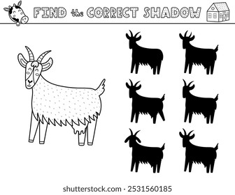 Find the correct shadow black and white activity page for kids with a cute goat. Shadow matching game in outline with a farm character. Vector illustration