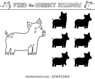 Find the correct shadow black and white activity page for kids with a cute pig. Shadow matching game in outline with a farm character. Vector illustration