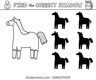 Encuentre la página de actividad en blanco y negro de sombra correcta para niños con un lindo caballo. Sombra juego de coincidencia en el contorno con un personaje de granja. Ilustración vectorial