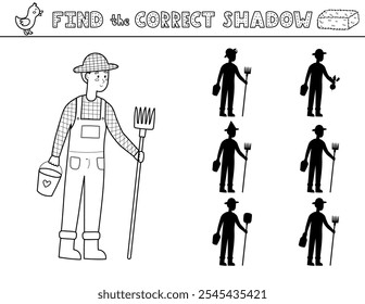 Encuentre la página de actividades en blanco y negro de sombra correcta para niños con un agricultor. Sombra juego de coincidencia en el contorno con un personaje de granja. Ilustración vectorial