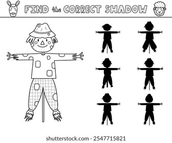 Encuentre la página de actividad en blanco y negro de sombra correcta para niños con un espantapájaros lindo. Sombra juego de coincidencia en el contorno con un personaje de granja. Ilustración vectorial