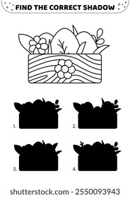 Encuentra la sombra correcta. Blanco y negro. Caja con huevos de Pascua. Imprimible juego de sombras. Ilustración vectorial aislada eps 10