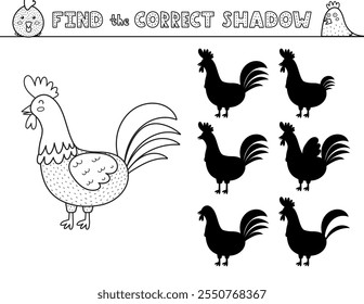 Encuentre la página de actividades en blanco y negro de sombra correcta para niños con un gallo lindo. Sombra juego de coincidencia en el contorno con un personaje de granja. Ilustración vectorial