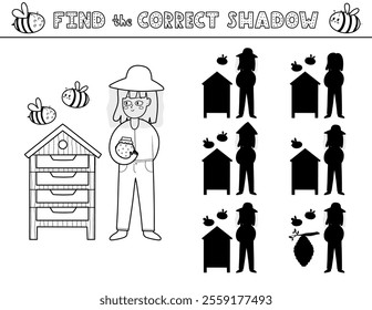 Find the correct shadow black and white activity page for kids with a cute girl beekeeper and bees. Shadow matching game in outline with a farm character. Vector illustration