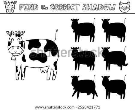 
Find the correct shadow black and white activity page for kids with a cute cow. Shadow matching game with a farm animal. Vector illustration