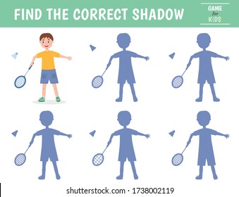 Find the correct shadow. A boy playing badminton. Children's game of mindfulness. Vector illustration.