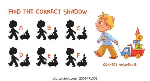 Encuentra la sombra correcta. Niño con un camión de juguetes. Juego educativo para niños. Elija la respuesta correcta. Juego coincidente. Personajes de dibujos animados coloridos. Graciosa ilustración vectorial. Aislado sobre fondo blanco