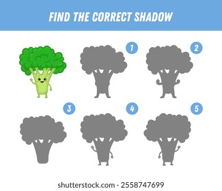 Find correct shadow of broccoli. Educational logical game for kids. Vegetable. Cartoon broccoli character. Vector 