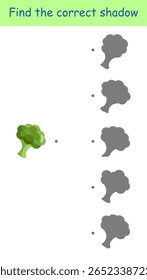 Encontre a sombra correta de brócolis. Jogo educativo. Ilustração vetorial para livro de atividades filho, planilha, impressão.