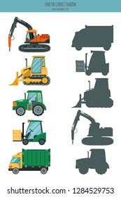 Find the correct shadow. Bulldozer, tractor, lorry, jackhammer, forklift.  Learning children game.