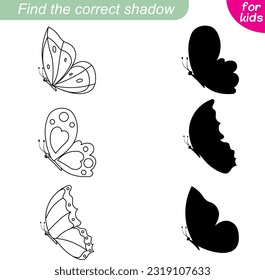 Encuentra la sombra correcta. Colección de mariposa. Tres mariposas voladoras. Juego educativo