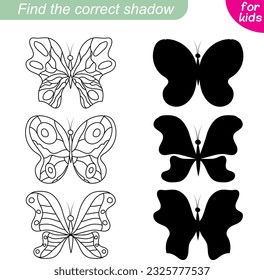 Find the correct shadow. Butterfly collection. Three beautiful butterflies. Educational game