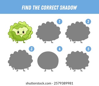 Find correct shadow of cabbage. Educational logical game for kids. Vegetable. Cartoon cabbage character. Vector
