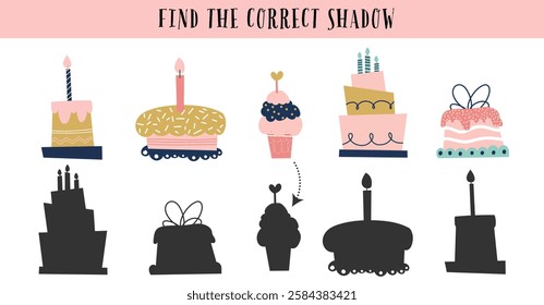 Find the correct shadow cake happy birthday game puzzle for children page sheet printable. 